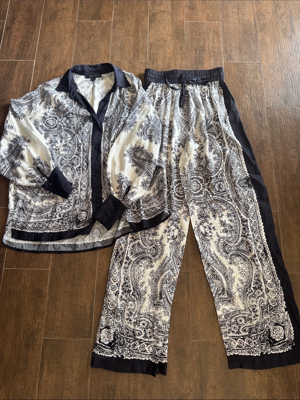 AllSaints Rafaela Black and White Paisley Button-Up Top